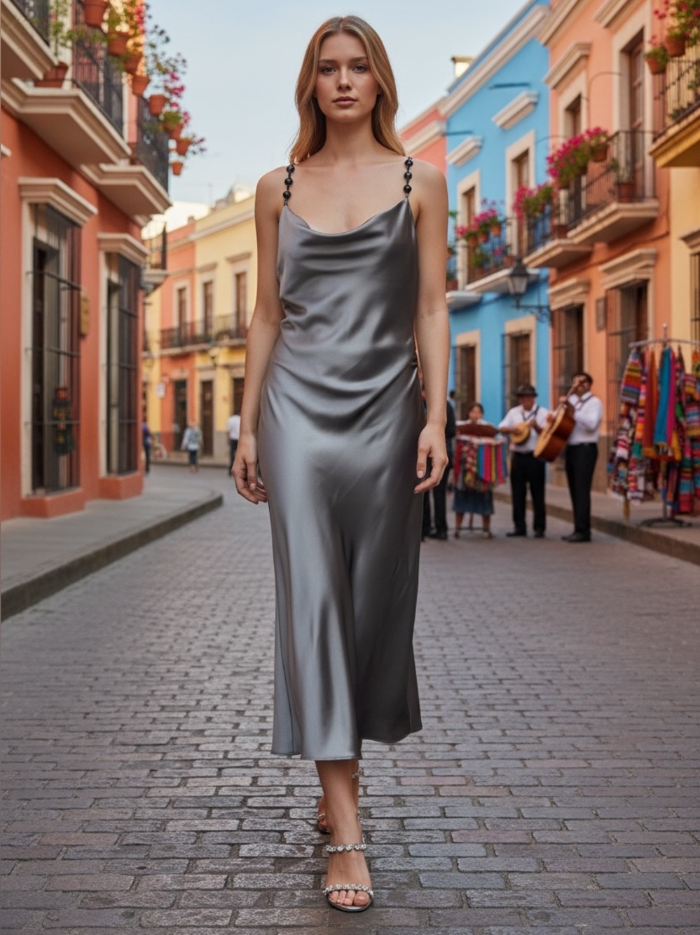 Zara Silver Gray Cowl Long Dress with Jeweled Spaghetti Straps Size Small Party